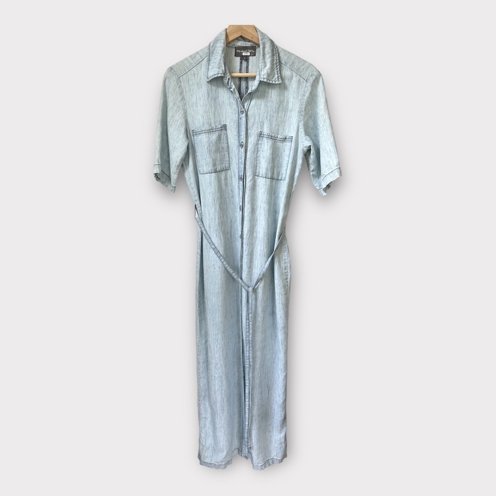 Michael Stars Linen Blend Belted Short Sleeve Denim Button Down Dress,‎ size S